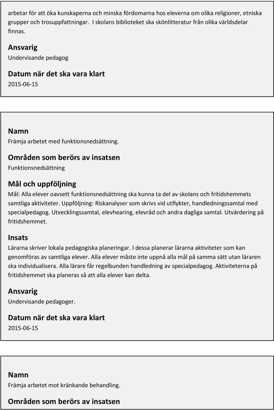 Områden som berörs av insatsen Funktionsnedsättning Mål och uppföljning Mål: Alla elever oavsett funktionsnedsättning ska kunna ta del av skolans och fritidshemmets samtliga aktiviteter.