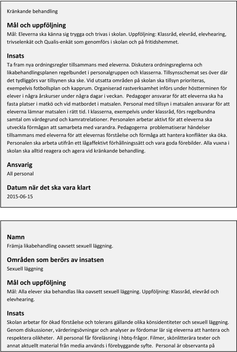 Diskutera ordningsreglerna och likabehandlingsplanen regelbundet i personalgruppen och klasserna. Tillsynsschemat ses över där det tydliggörs var tillsynen ska ske.