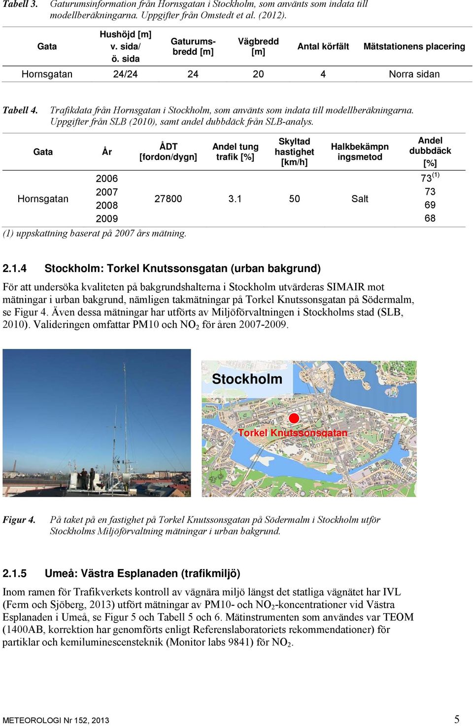 Trafikdata från Hornsgatan i Stockholm, som använts som indata till modellberäkningarna. Uppgifter från SLB (2010), samt andel dubbdäck från SLB-analys.