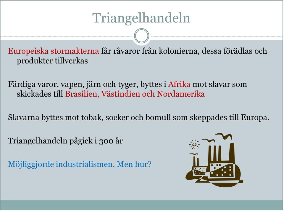 skickades till Brasilien, Västindien och Nordamerika Slavarna byttes mot tobak, socker och