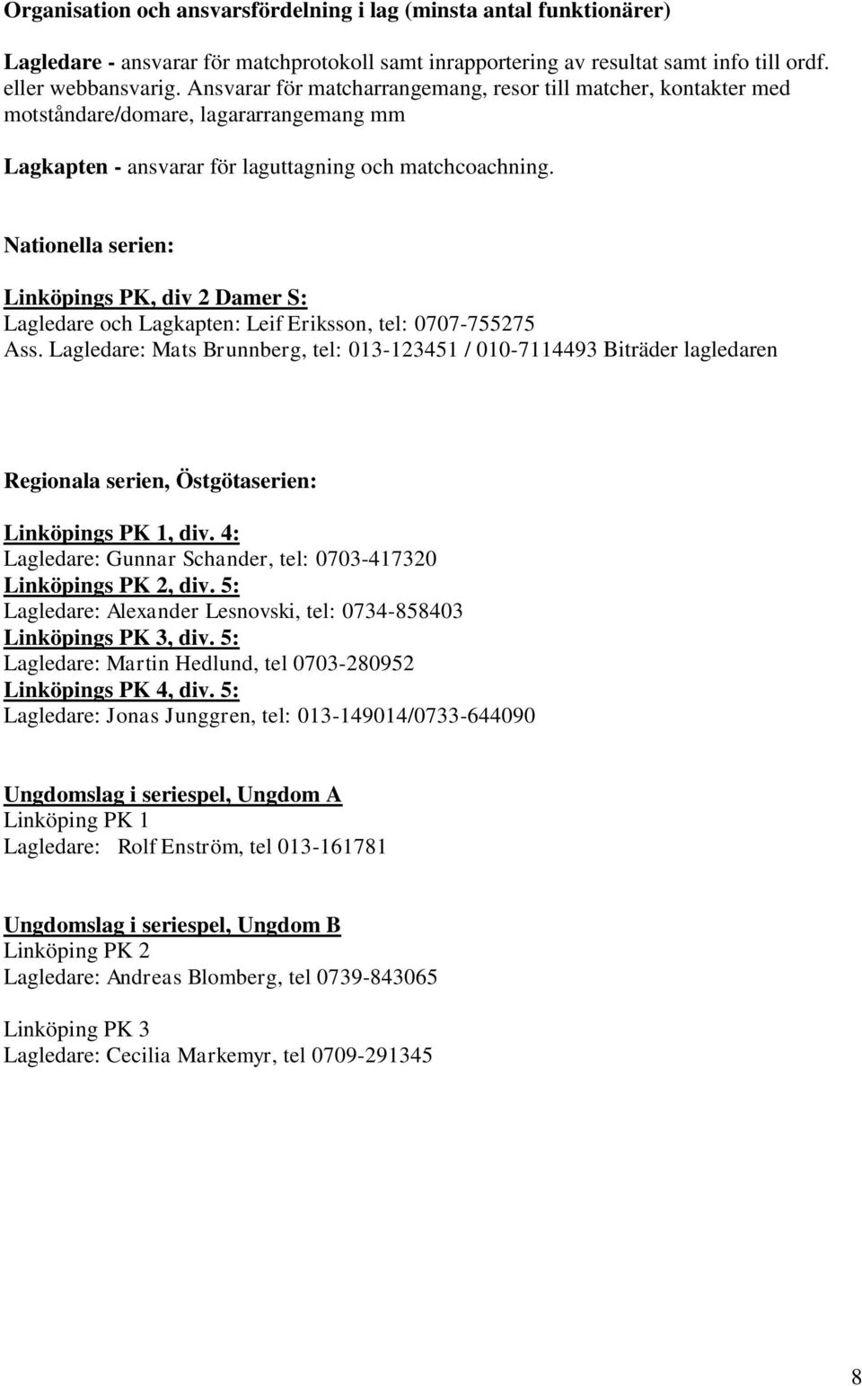 Nationella serien: Linköpings PK, div 2 Damer S: Lagledare och Lagkapten: Leif Eriksson, tel: 0707-755275 Ass.