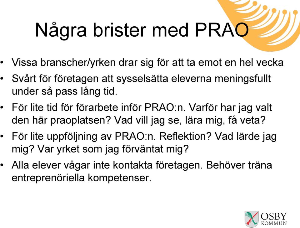 Varför har jag valt den här praoplatsen? Vad vill jag se, lära mig, få veta? För lite uppföljning av PRAO:n.