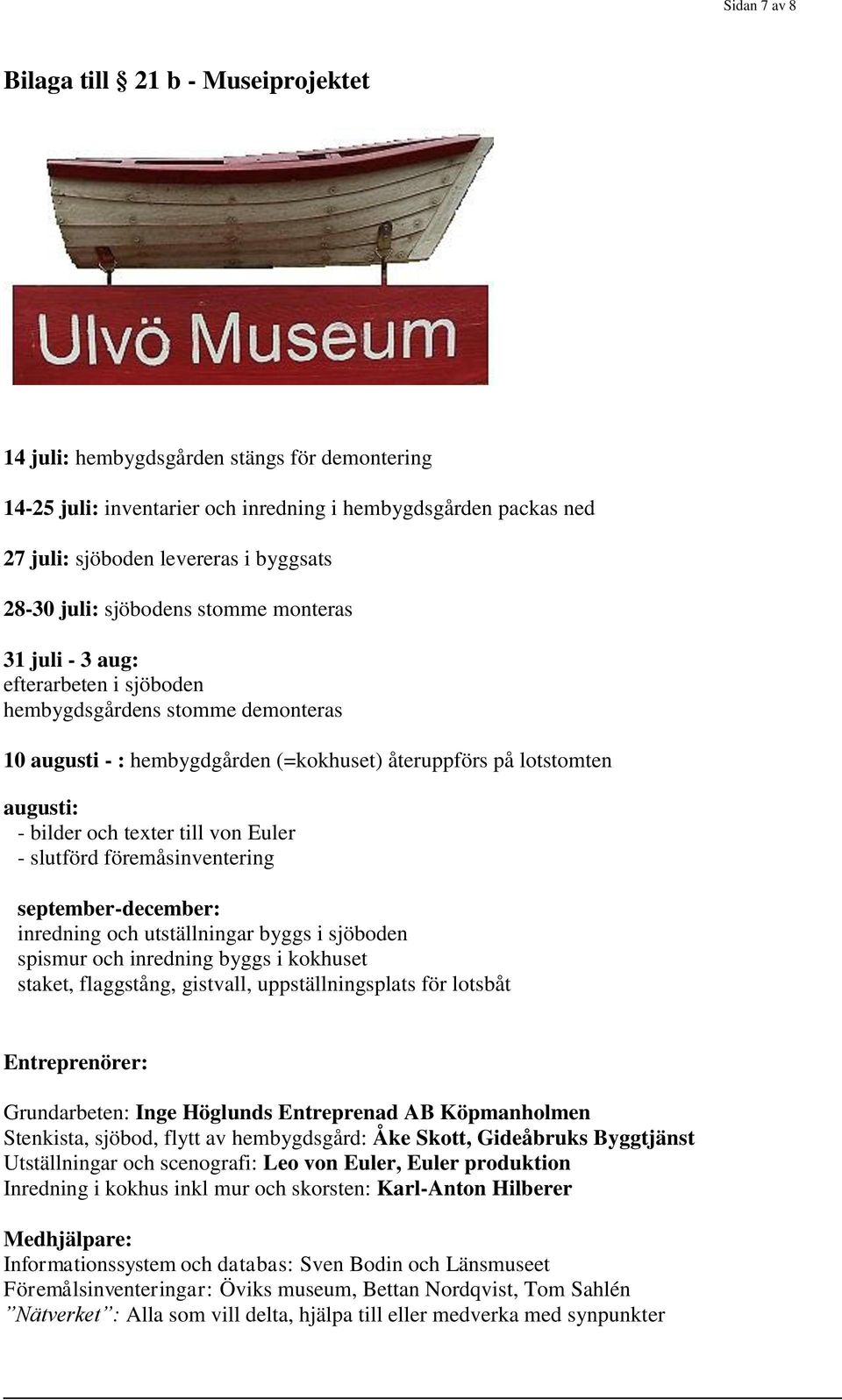 och texter till von Euler - slutförd föremåsinventering september-december: inredning och utställningar byggs i sjöboden spismur och inredning byggs i kokhuset staket, flaggstång, gistvall,