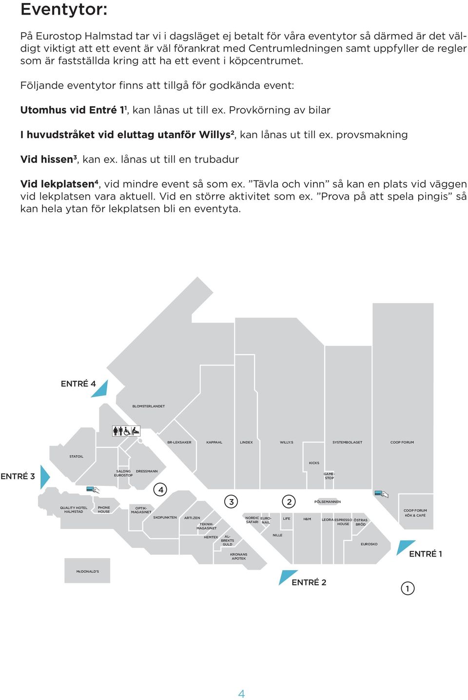Provkörning av bilar I huvudstråket vid eluttag utanför Willys 2, kan lånas ut till ex. provsmakning Vid hissen 3, kan ex. lånas ut till en trubadur Vid lekplatsen 4, vid mindre event så som ex.