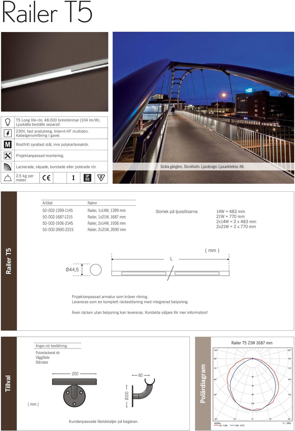 IP 65 Artikel Namn 50-002-1399-1145 Railer, 1x14W, 1399 mm 50-002-1687-1215 Railer, 1x21W, 1687 mm 50-002-1936-2145 Railer, 2x14W, 1936 mm 50-002-2690-2215 Railer, 2x21W, 2690 mm Storlek på