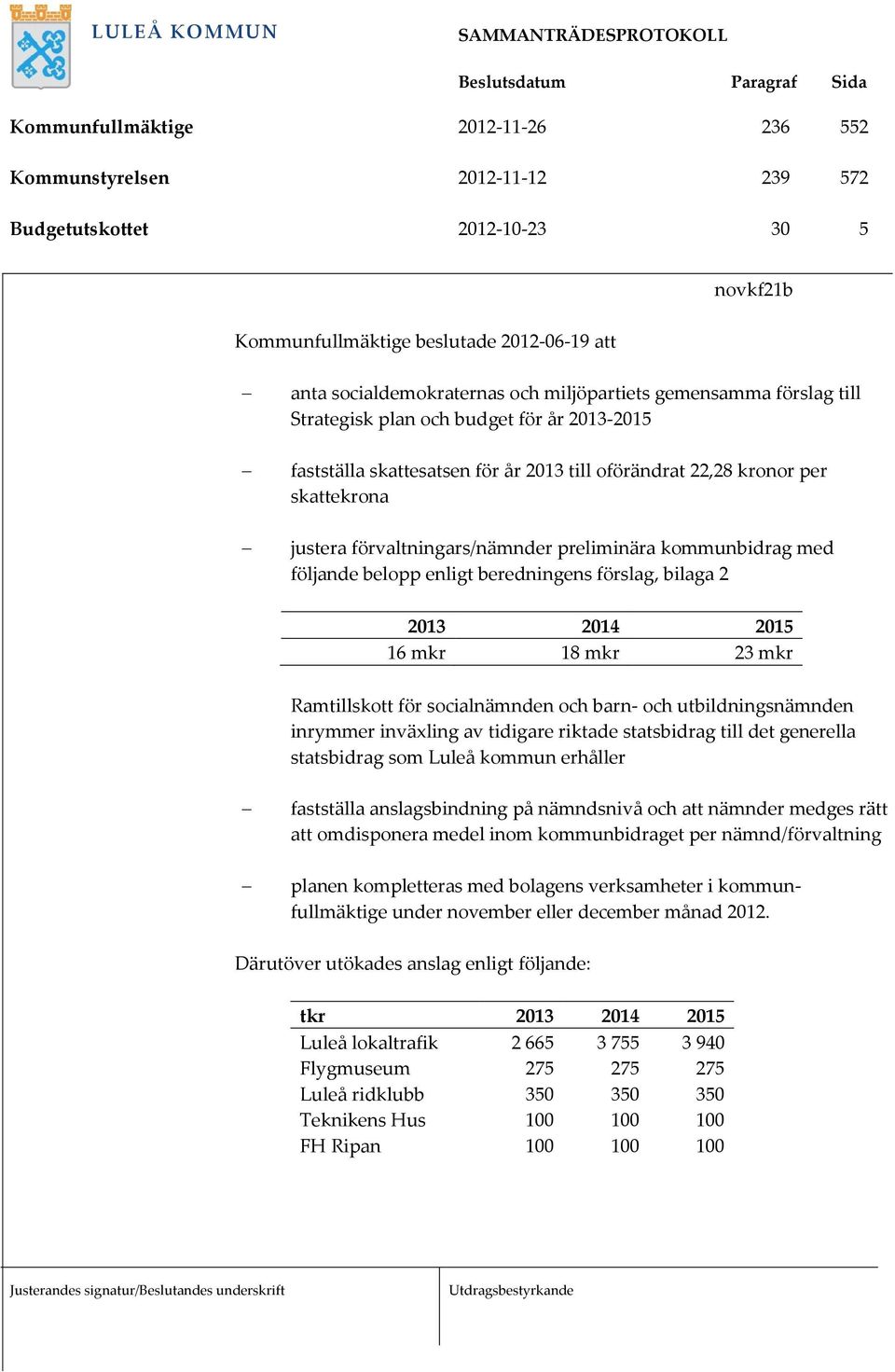 kommunbidrag med följande belopp enligt beredningens förslag, bilaga 2 16 mkr 18 mkr 23 mkr Ramtillskott för socialnämnden och barn- och utbildningsnämnden inrymmer inväxling av tidigare riktade