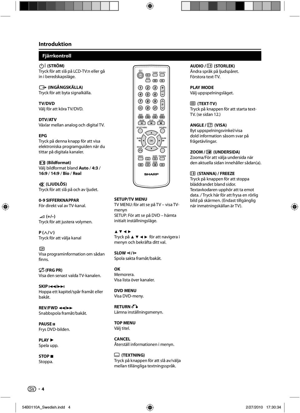 (Bildformat) Välj bildformat bland Auto / 4:3 / 16:9 / 14:9 / Bio / Real (LJUDLÖS) Tryck för att slå på och av ljudet. 0-9 SIFFERKNAPPAR För direkt val av TV-kanal.