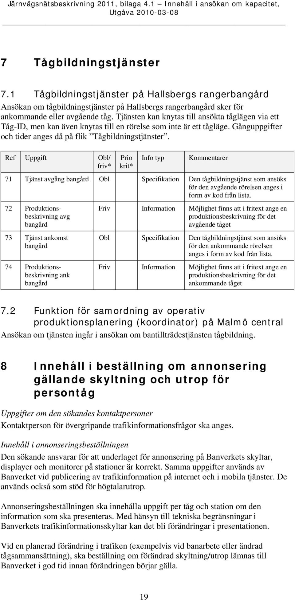 Ref Uppgift 71 Tjänst avgång bangård Obl Specifikation Den tågbildningstjänst som ansöks för den avgående rörelsen anges i form av kod från lista.