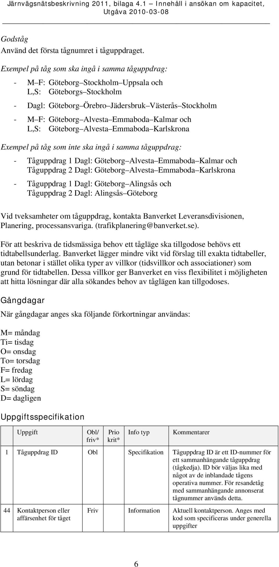 Kalmar och L,S: Göteborg Alvesta Emmaboda Karlskrona Exempel på tåg som inte ska ingå i samma tåguppdrag: - Tåguppdrag 1 Dagl: Göteborg Alvesta Emmaboda Kalmar och Tåguppdrag 2 Dagl: Göteborg Alvesta