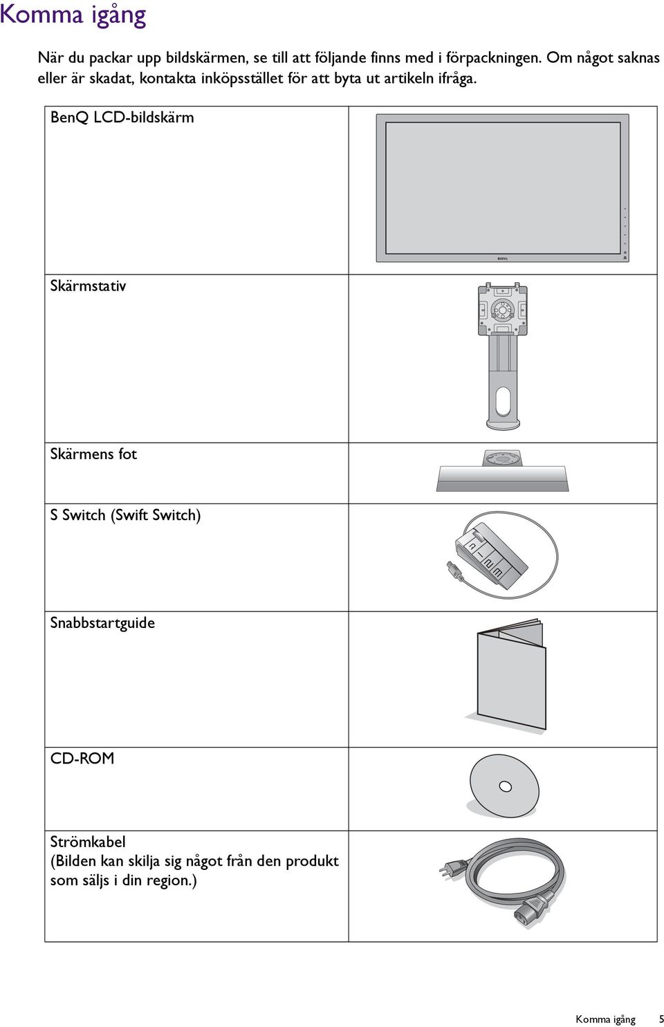 BenQ LCD-bildskärm Skärmstativ Skärmens fot S Switch (Swift Switch) Snabbstartguide CD-ROM