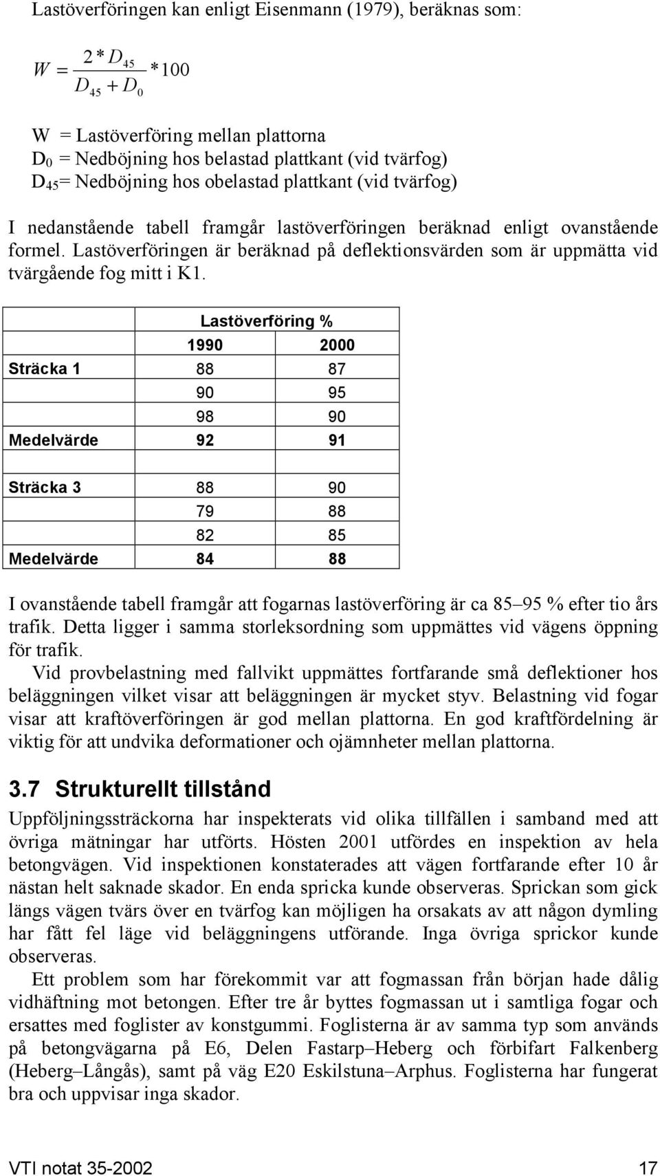 Lastöverföringen är beräknad på deflektionsvärden som är uppmätta vid tvärgående fog mitt i K1.