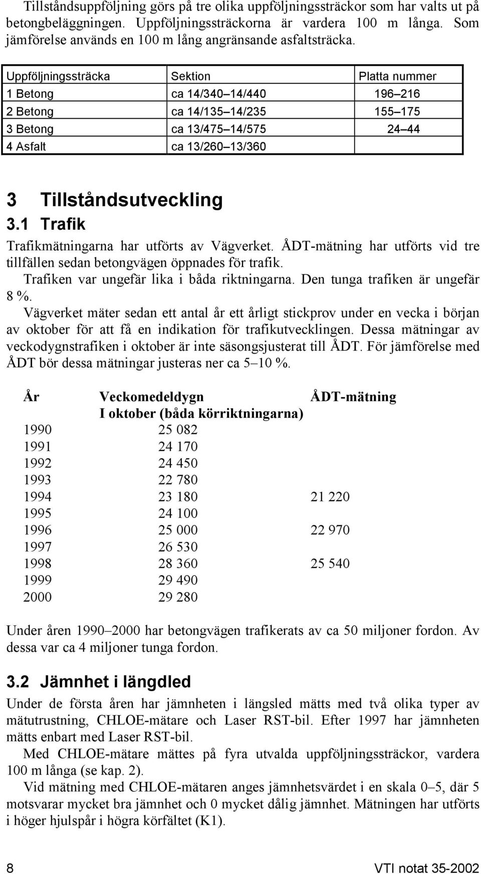 Uppföljningssträcka Sektion Platta nummer 1 Betong ca 14/340 14/440 196 216 2 Betong ca 14/135 14/235 155 175 3 Betong ca 13/475 14/575 24 44 4 Asfalt ca 13/260 13/360 3 Tillståndsutveckling 3.