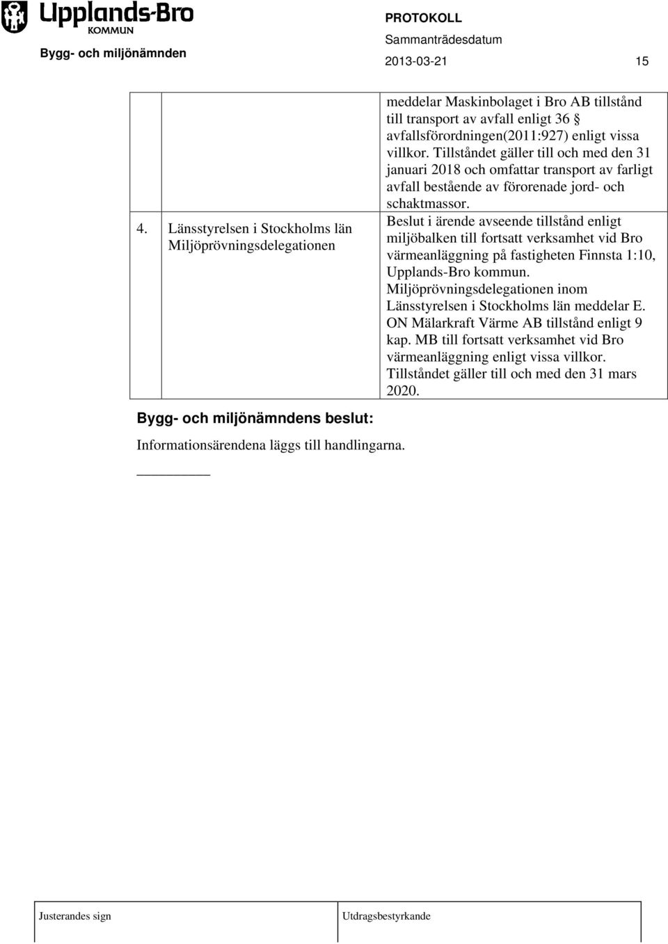 Tillståndet gäller till och med den 31 januari 2018 och omfattar transport av farligt avfall bestående av förorenade jord- och schaktmassor.