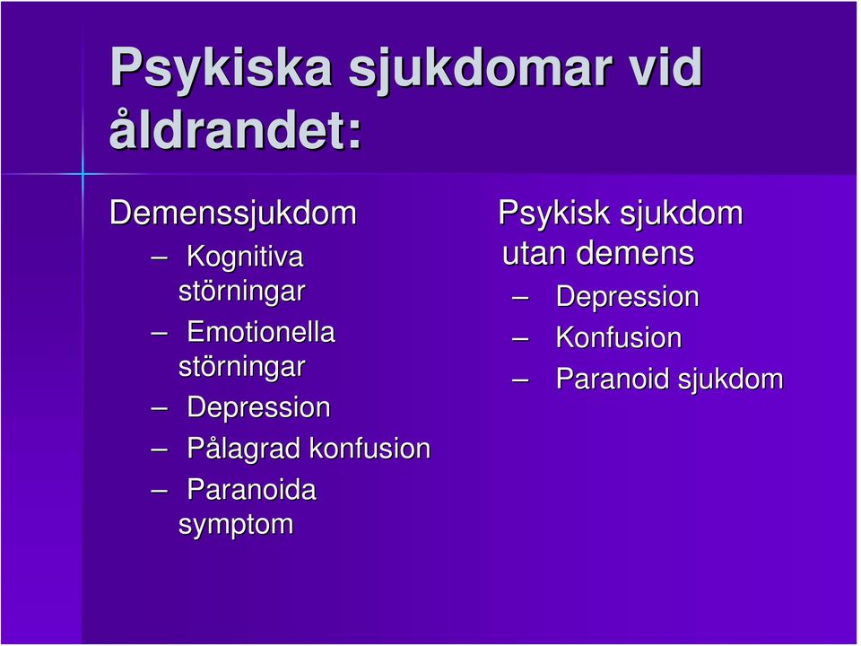 Depression Pålagrad konfusion Paranoida symptom