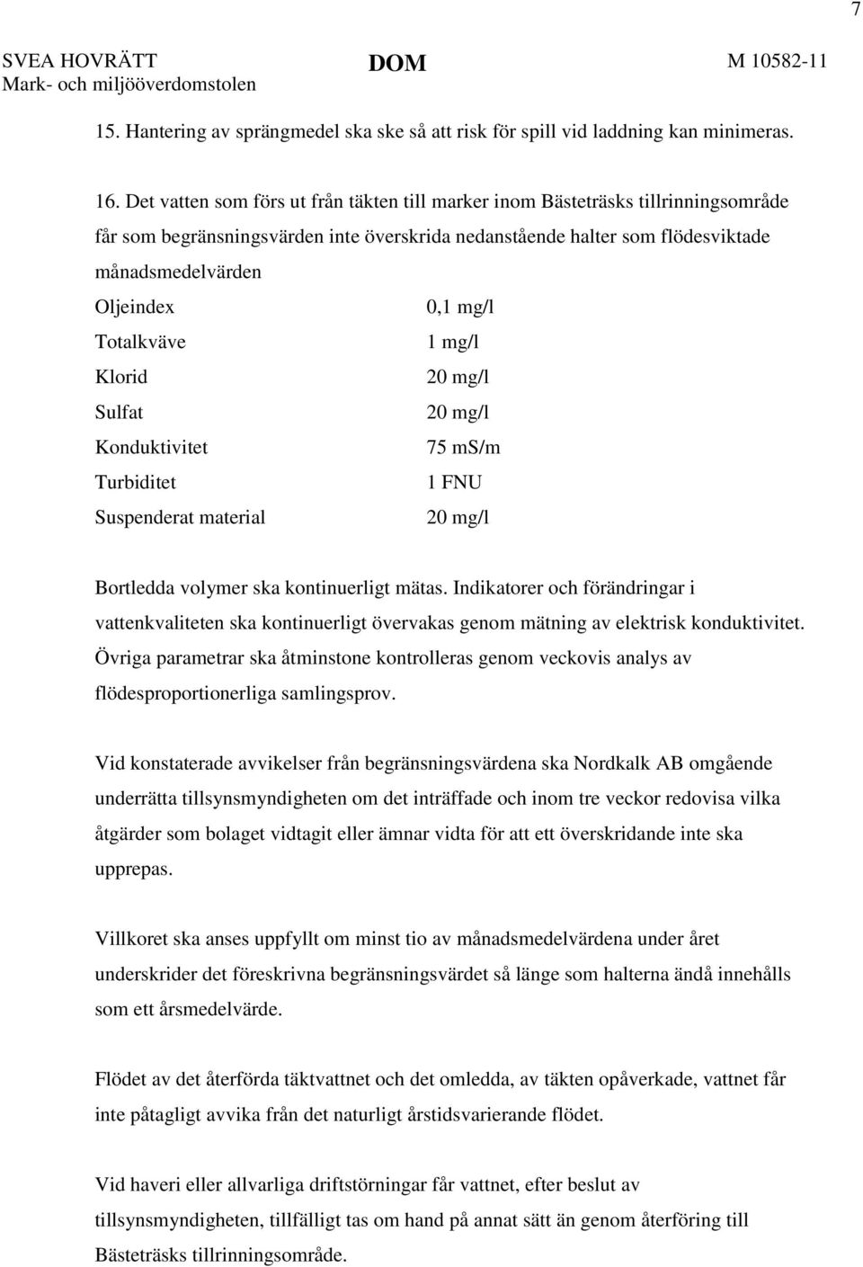 mg/l Totalkväve 1 mg/l Klorid 20 mg/l Sulfat 20 mg/l Konduktivitet 75 ms/m Turbiditet 1 FNU Suspenderat material 20 mg/l Bortledda volymer ska kontinuerligt mätas.