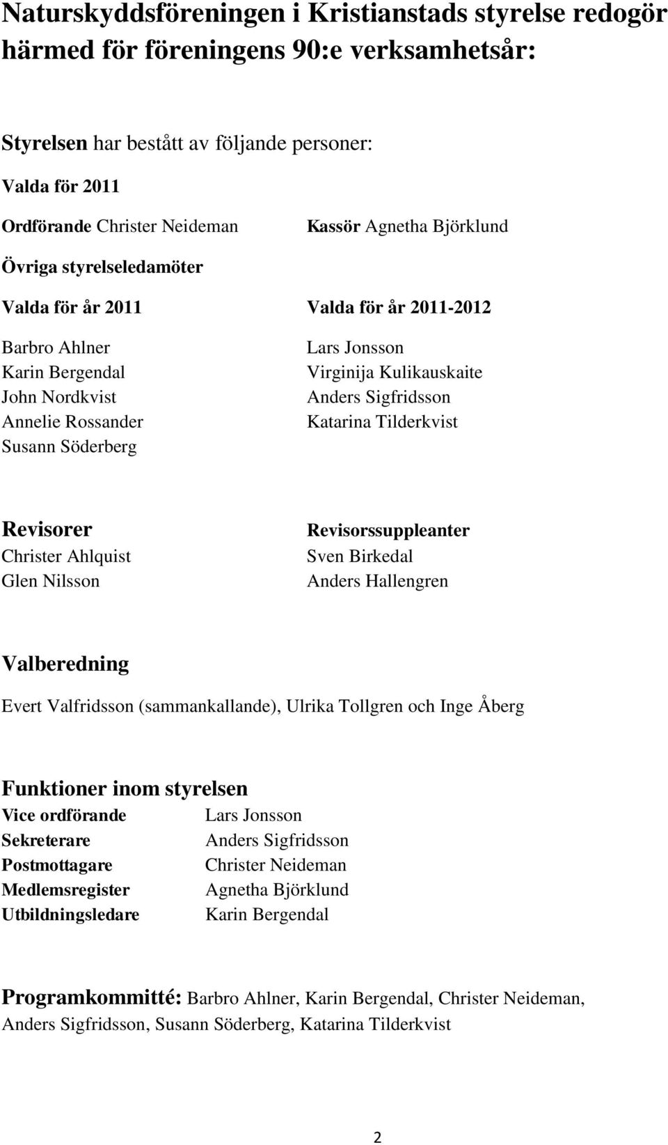Katarina Tilderkvist Revisorer Christer Ahlquist Glen Nilsson Revisorssuppleanter Sven Birkedal Anders Hallengren Valberedning Evert Valfridsson (sammankallande), Ulrika Tollgren och Inge Åberg