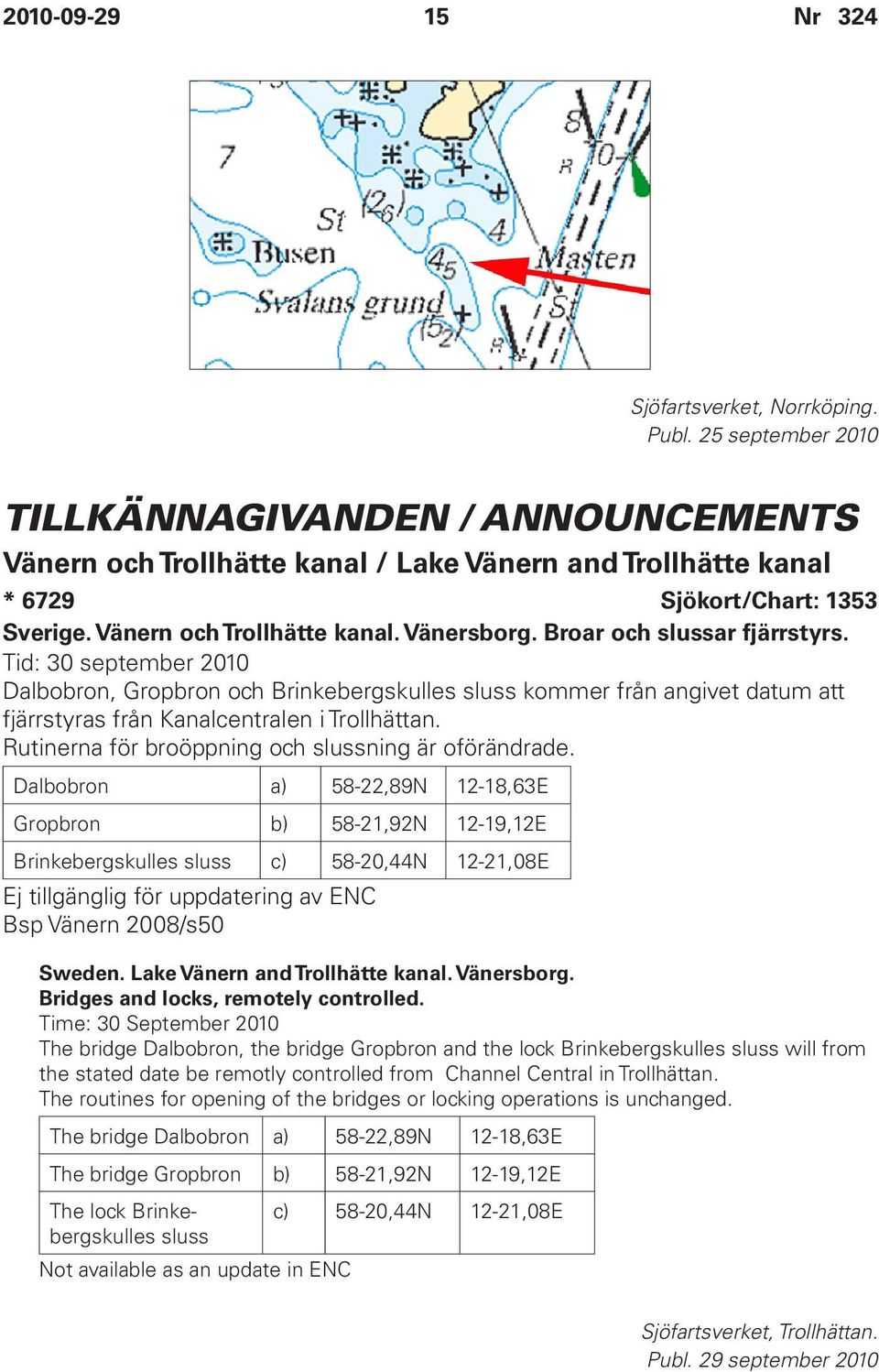 Tid: 30 september 2010 Dalbobron, Gropbron och Brinkebergskulles sluss kommer från angivet datum att fjärrstyras från Kanalcentralen i Trollhättan.