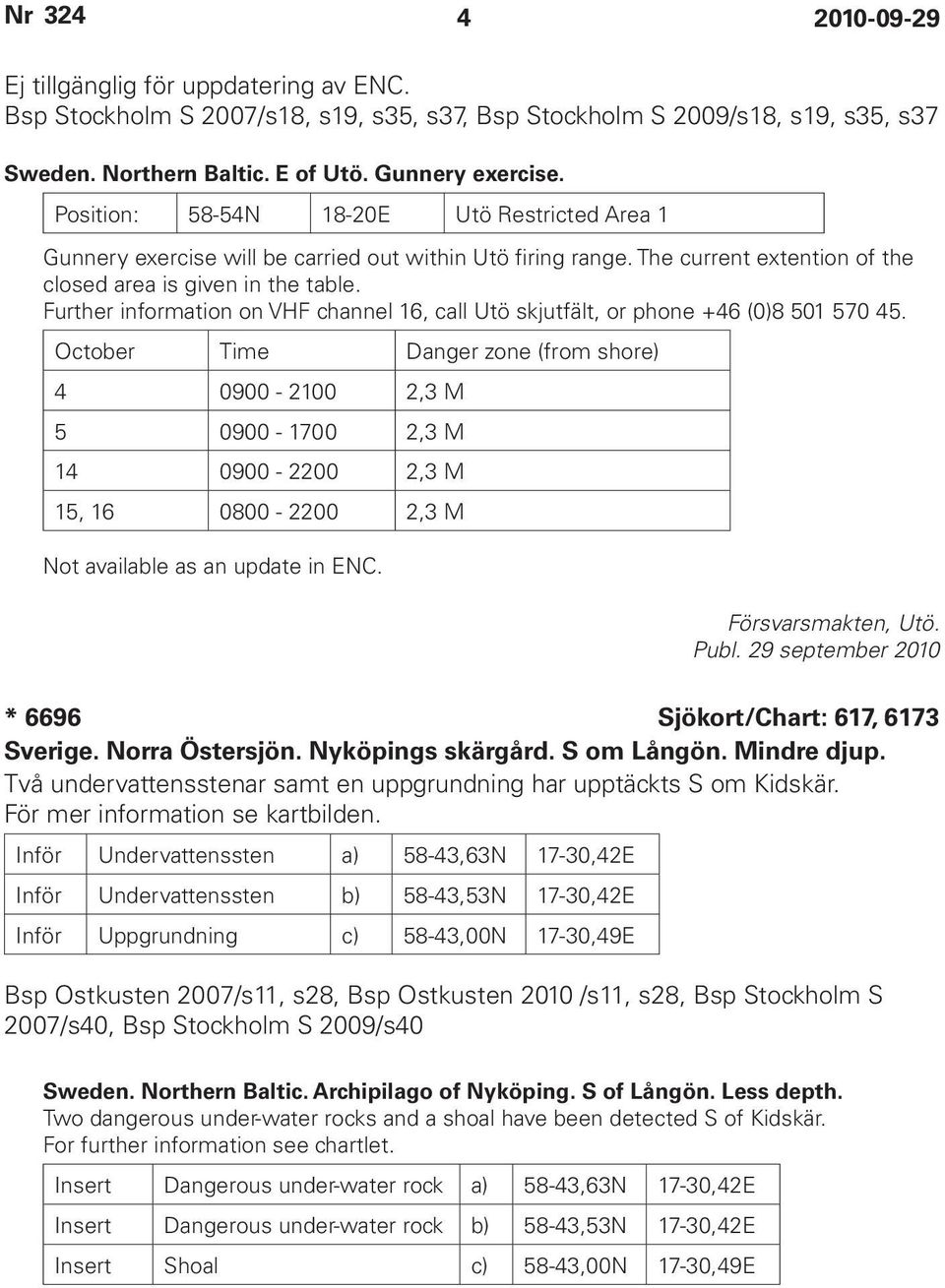 Further information on VHF channel 16, call Utö skjutfält, or phone +46 (0)8 501 570 45.