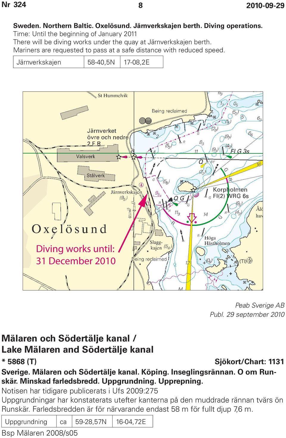 29 september 2010 Mälaren och Södertälje kanal / Lake Mälaren and Södertälje kanal * 5868 (T) Sjökort/Chart: 1131 Sverige. Mälaren och Södertälje kanal. Köping. Inseglingsrännan. O om Runskär.