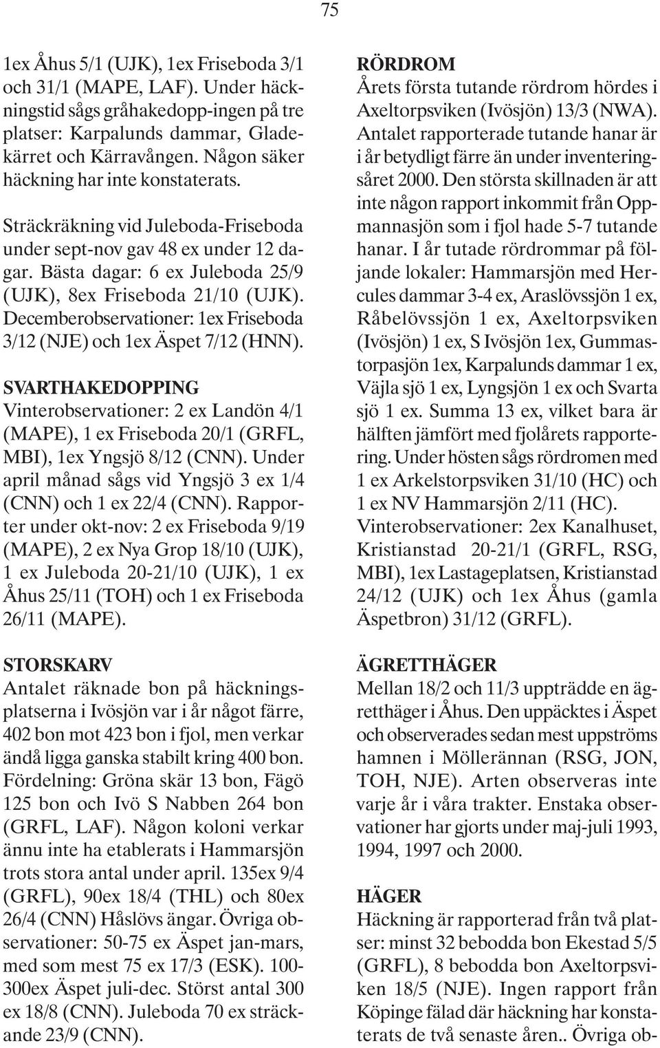 Decemberobservationer: 1ex Friseboda 3/12 (NJE) och 1ex Äspet 7/12 (HNN). SVARTHAKEDOPPING Vinterobservationer: 2 ex Landön 4/1 (MAPE), 1 ex Friseboda 20/1 (GRFL, MBI), 1ex Yngsjö 8/12 (CNN).