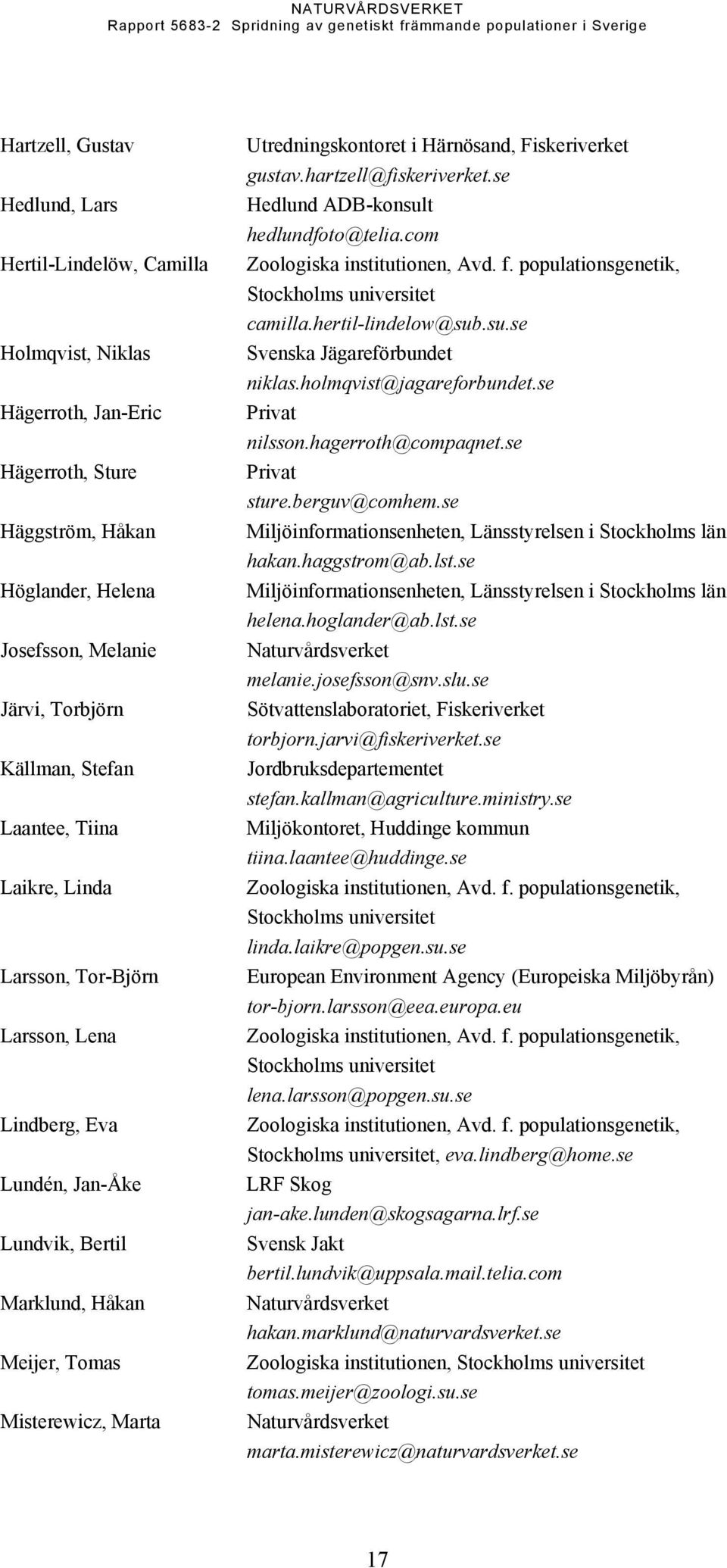 Fiskeriverket gustav.hartzell@fiskeriverket.se Hedlund ADB-konsult hedlundfoto@telia.com Zoologiska institutionen, Avd. f. populationsgenetik, Stockholms universitet camilla.hertil-lindelow@sub.su.se Svenska Jägareförbundet niklas.