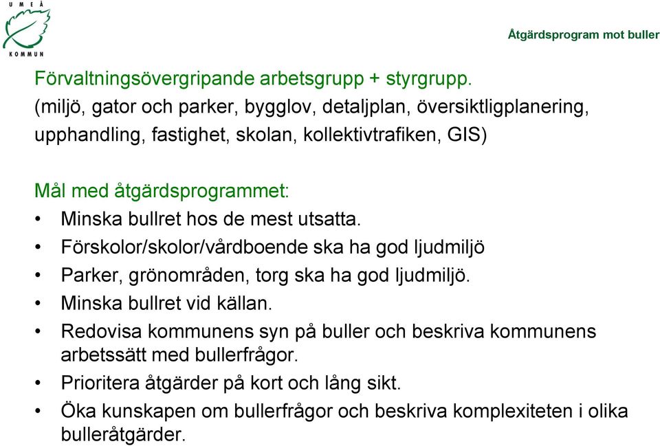 åtgärdsprogrammet: Minska bullret hos de mest utsatta.