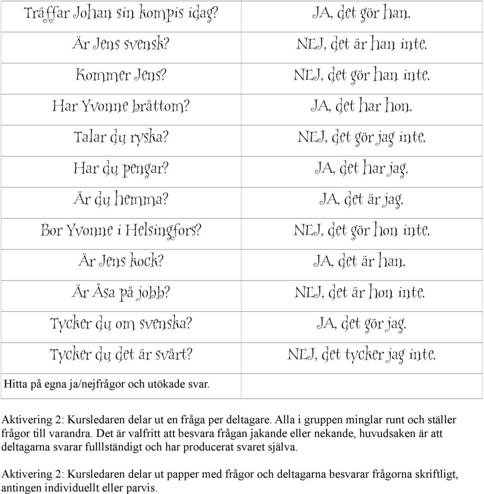 NEJ, det gör hon inte. JA, det är han. NEJ, det är hon inte. JA, det gör jag. NEJ, det tycker jag inte. Hitta på egna ja/nejfrågor och utökade svar.