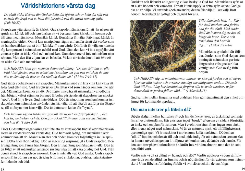 Men äkta kärlek förutsätter fri vilja. Påtvingad kärlek är meningslös kärlek. Om vi kan manipulera någon att handla så att det verkar som att han/hon älskar oss så blir kärleken utan värde.