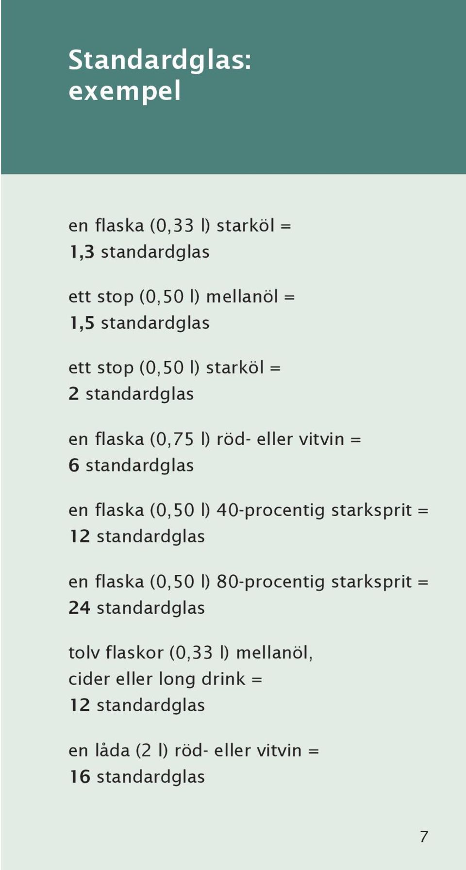 l) 40-procentig starksprit = 12 standardglas en flaska (0,50 l) 80-procentig starksprit = 24 standardglas tolv