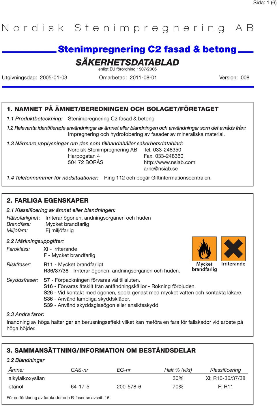 2 Relevanta identifierade användningar av ämnet eller blandningen och användningar som det avråds från: Impregnering och hydrofobering av fasader av mineraliska material. 1.