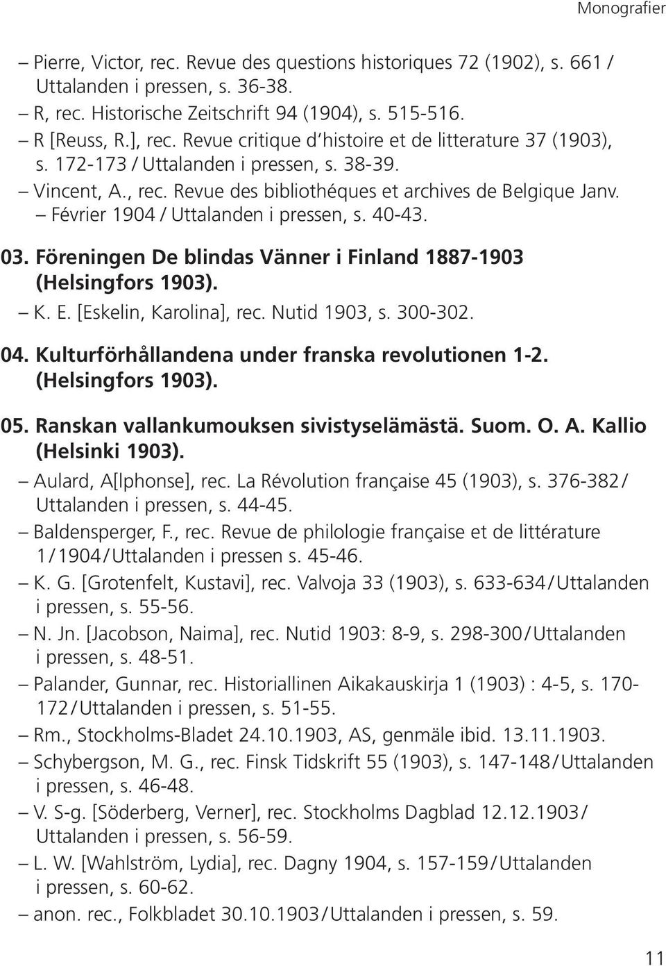 Février 1904 / Uttalanden i pressen, s. 40-43. 03. Föreningen De blindas Vänner i Finland 1887-1903 (Helsingfors 1903). K. E. [Eskelin, Karolina], rec. Nutid 1903, s. 300-302. 04.