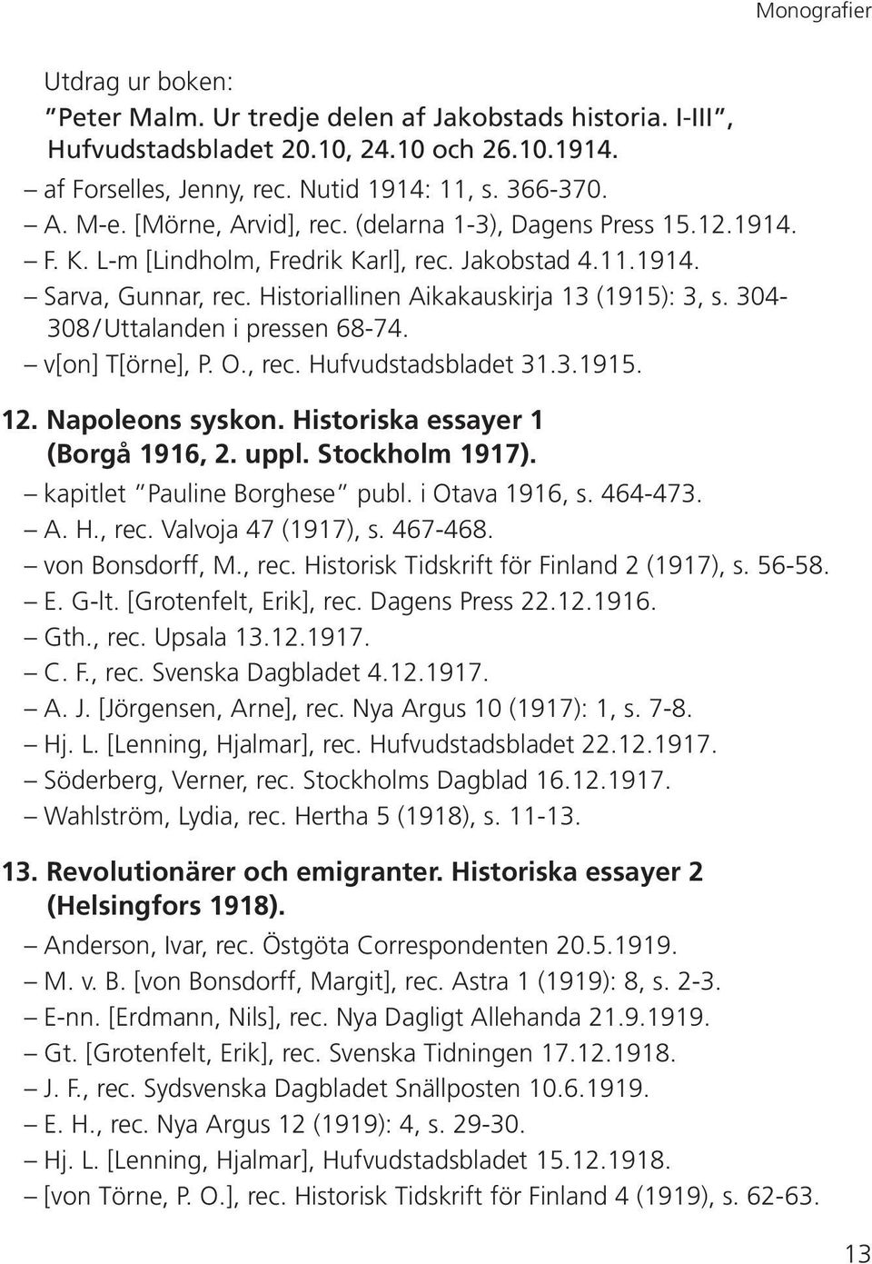 304-308 / Uttalanden i pressen 68-74. v[on] T[örne], P. O., rec. Hufvudstadsbladet 31.3.1915. 12. Napoleons syskon. Historiska essayer 1 (Borgå 1916, 2. uppl. Stockholm 1917).