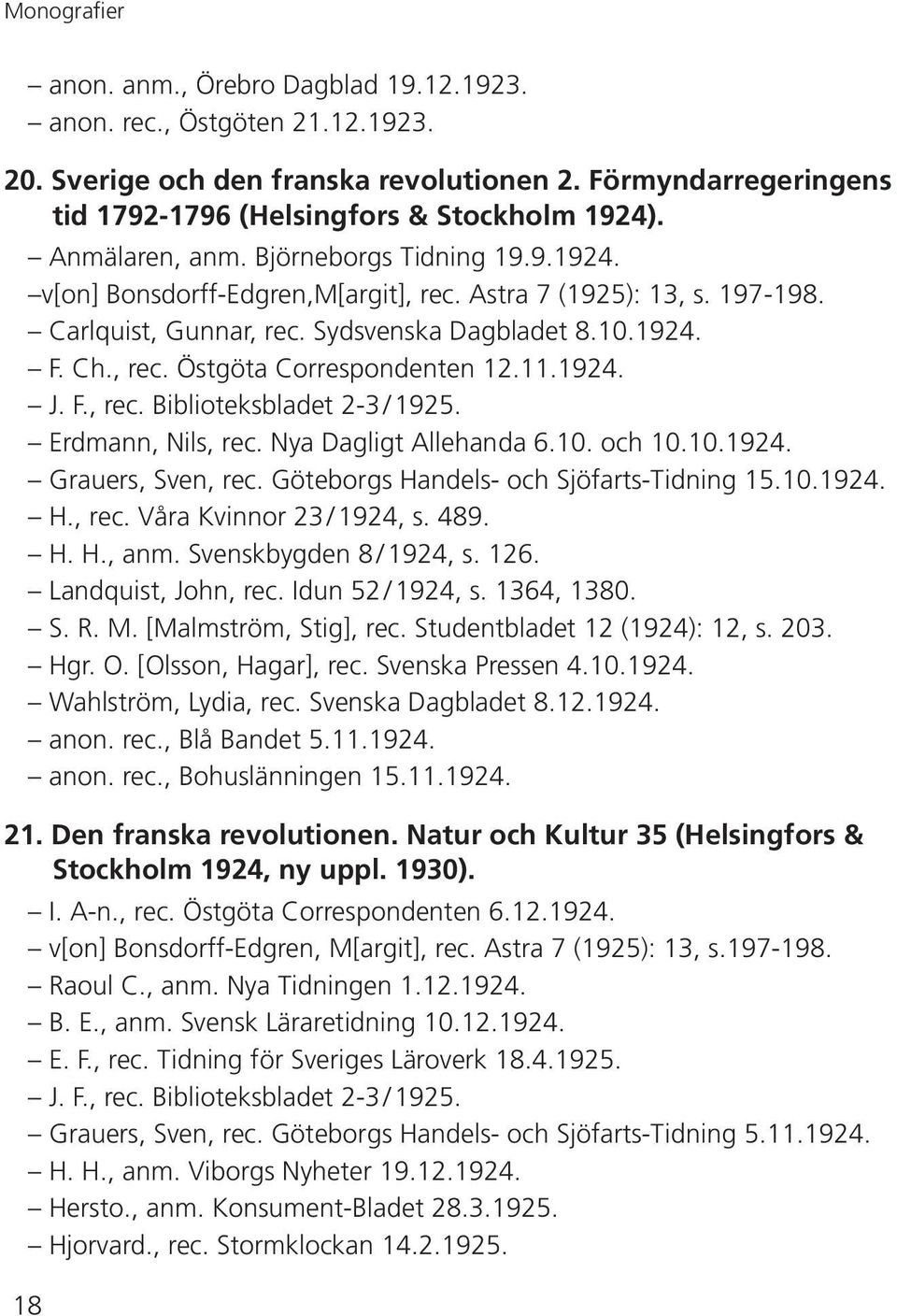 11.1924. J. F., rec. Biblioteksbladet 2-3 / 1925. Erdmann, Nils, rec. Nya Dagligt Allehanda 6.10. och 10.10.1924. Grauers, Sven, rec. Göteborgs Handels- och Sjöfarts-Tidning 15.10.1924. H., rec. Våra Kvinnor 23 / 1924, s.