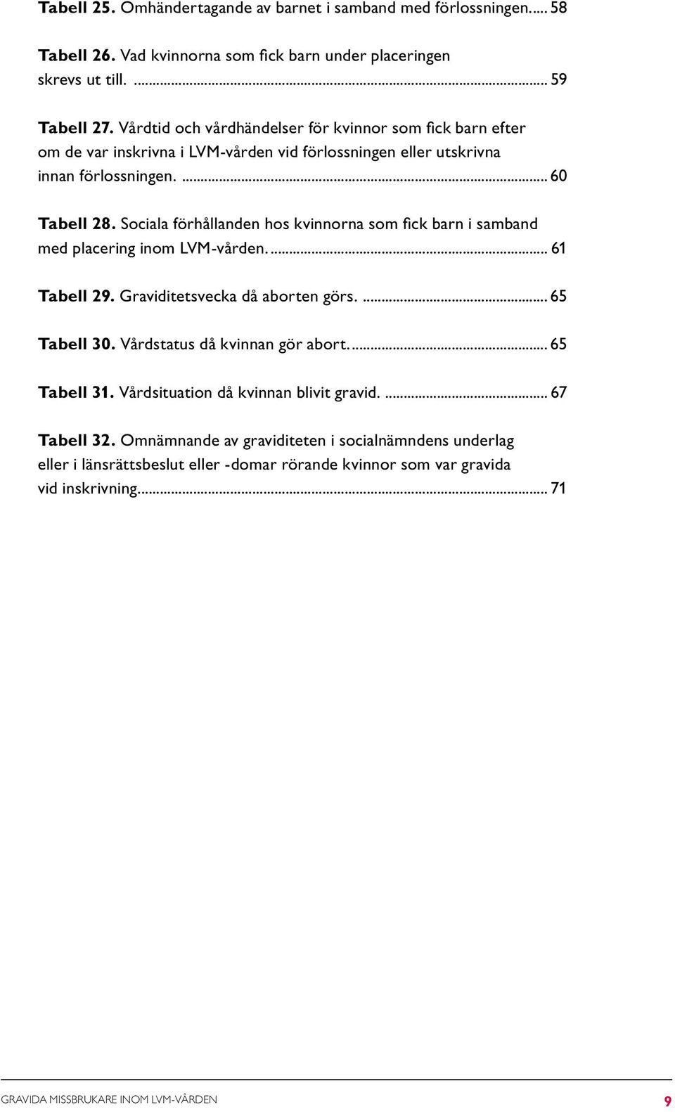 Sociala förhållanden hos kvinnorna som fick barn i samband med placering inom LVM-vården. 61 Tabell 29. Graviditetsvecka då aborten görs. 65 Tabell 30. Vårdstatus då kvinnan gör abort.