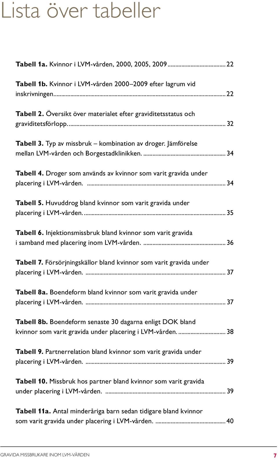 Droger som används av kvinnor som varit gravida under placering i LVM-vården. 34 Tabell 5. Huvuddrog bland kvinnor som varit gravida under placering i LVM-vården. 35 Tabell 6.
