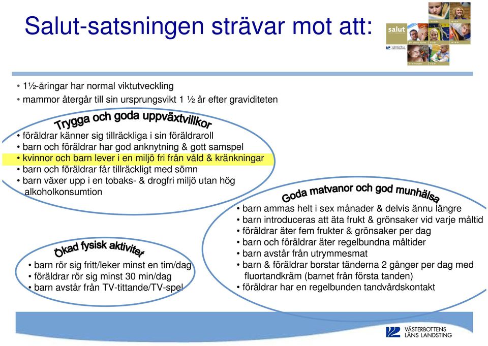 hög alkoholkonsumtion barn rör sig fritt/leker minst en tim/dag föräldrar rör sig minst 30 min/dag barn avstår från TV-tittande/TV-spel barn ammas helt i sex månader & delvis ännu längre barn
