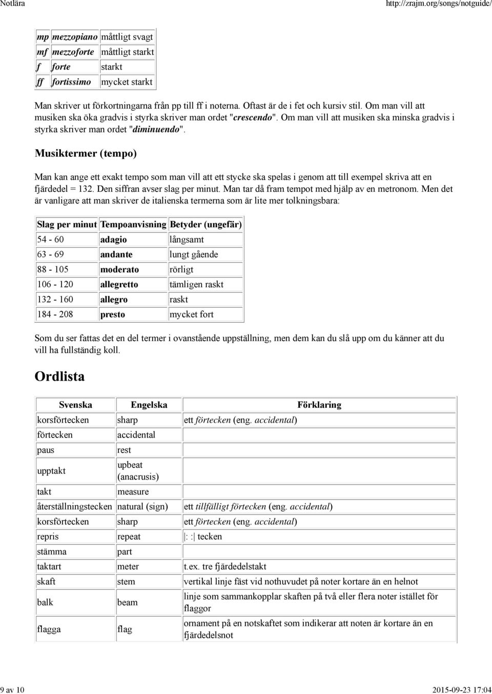 Musiktermer (tempo) Man kan ange ett exakt tempo som man vill att ett stycke ska spelas i genom att till exempel skriva att en fjärdedel = 132. Den siffran avser slag per minut.