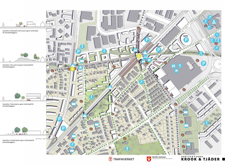 Park med vall agerar bullerskydd för bostadsbebyggelse.