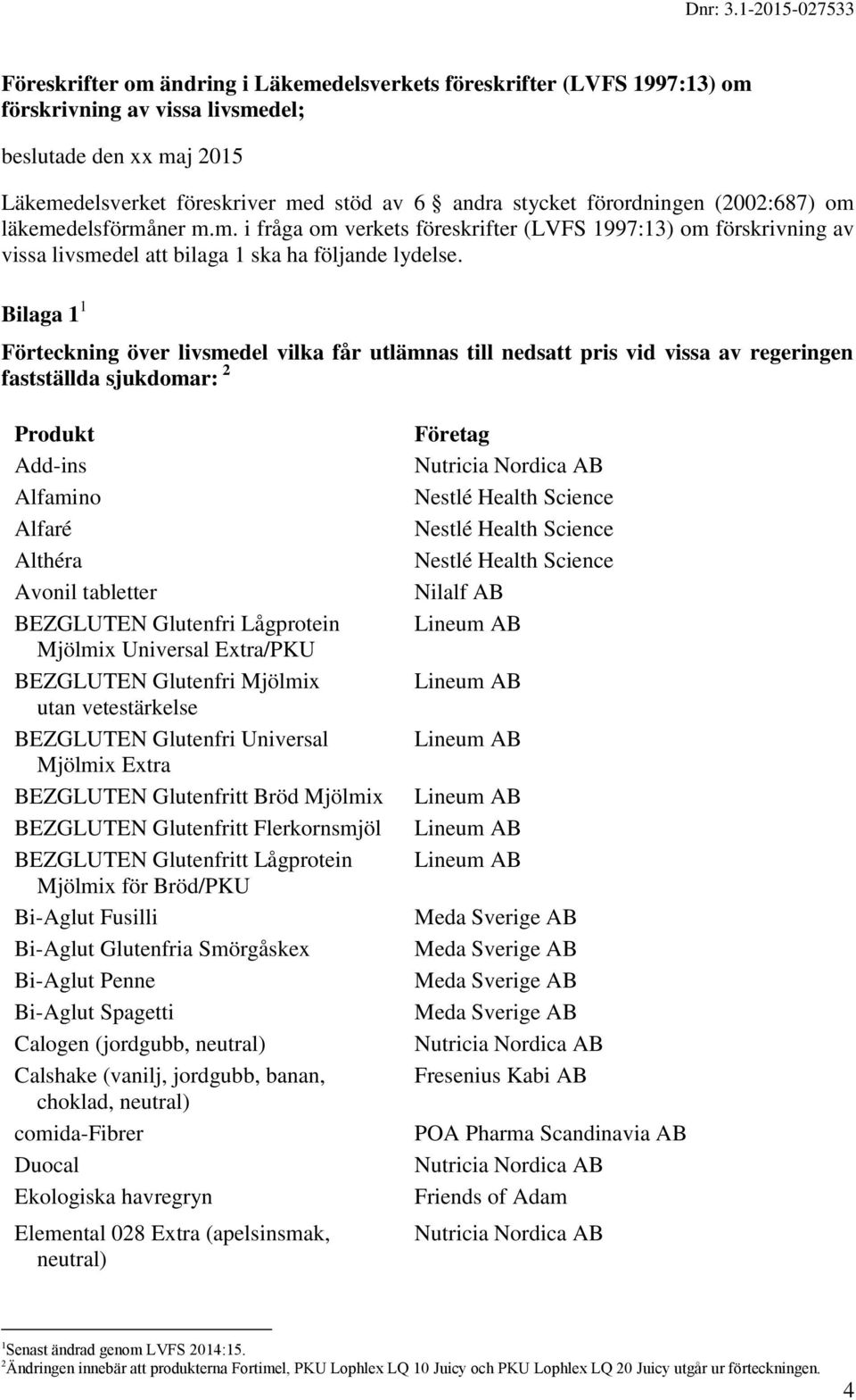 Bilaga 1 1 Förteckning över livsmedel vilka får utlämnas till nedsatt pris vid vissa av regeringen fastställda sjukdomar: 2 Produkt Add-ins Alfamino Alfaré Althéra Avonil tabletter BEZGLUTEN