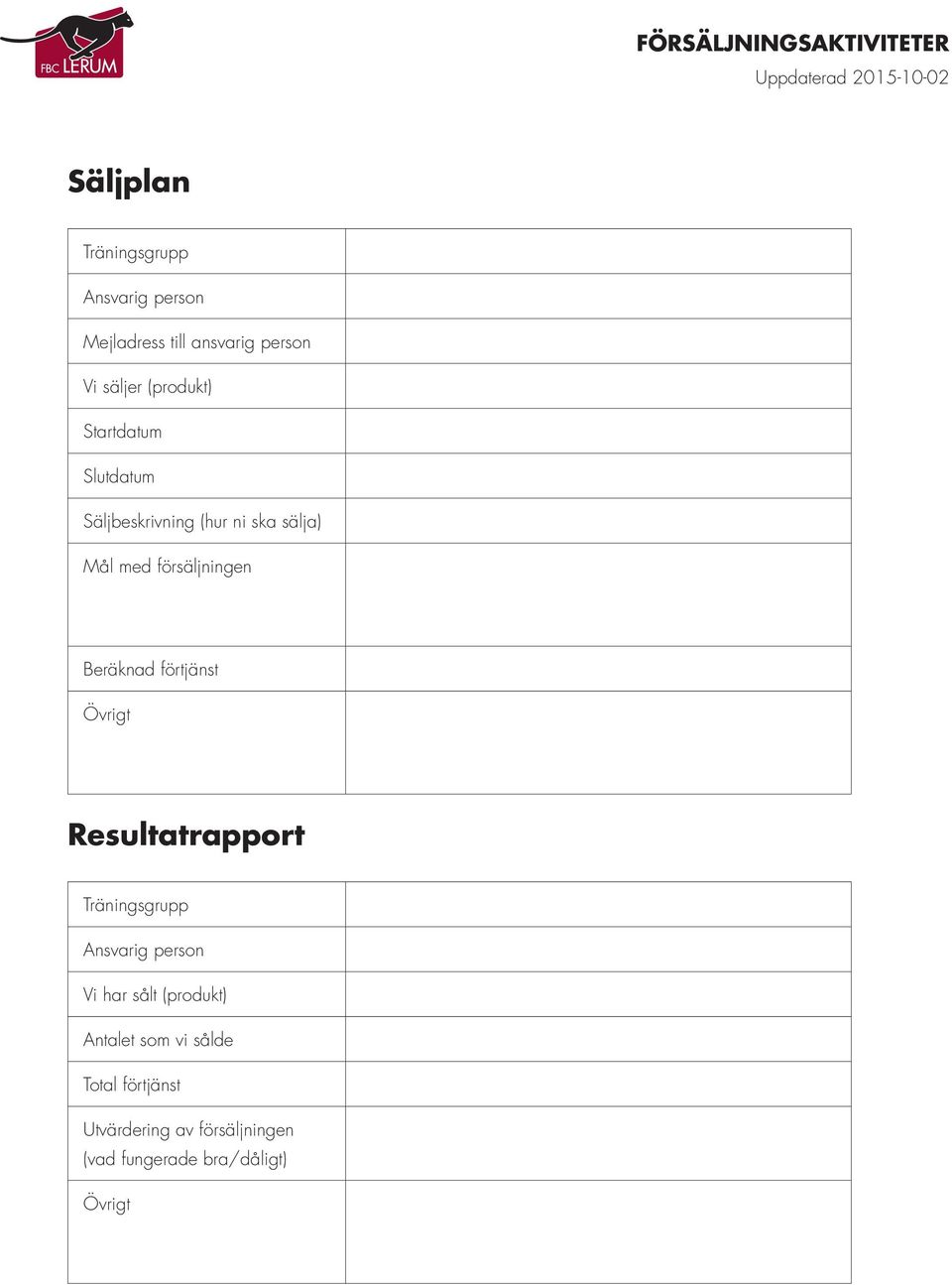 förtjänst Övrigt Resultatrapport Träningsgrupp Ansvarig person Vi har sålt (produkt)