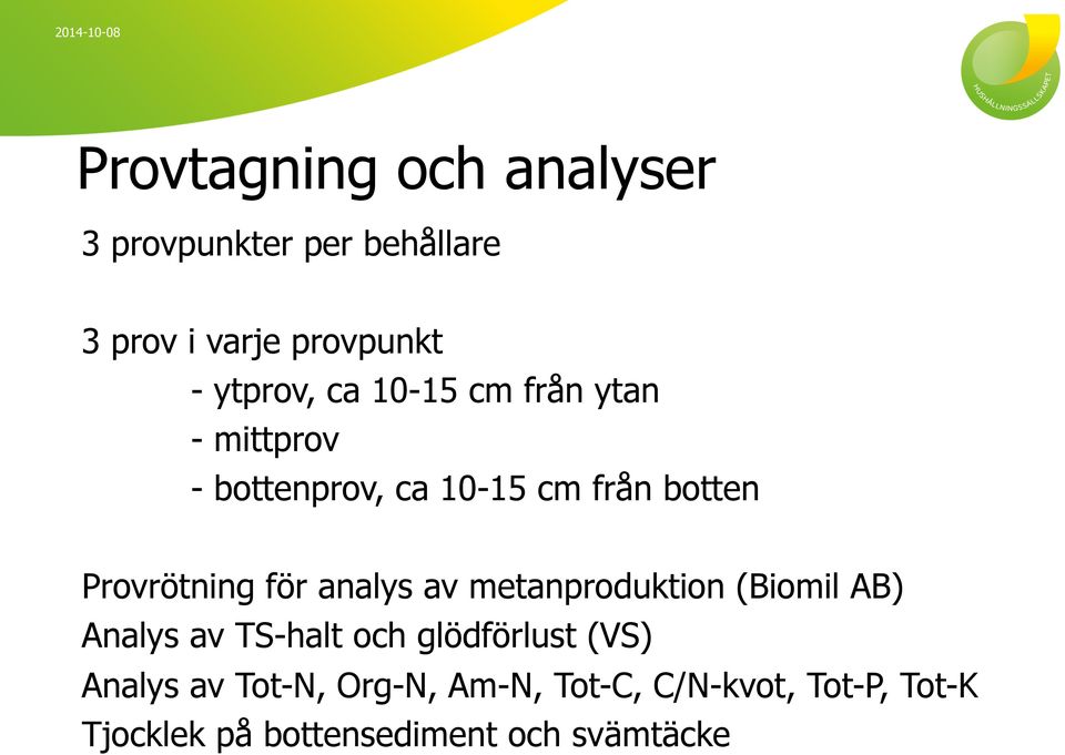 analys av metanproduktion (Biomil AB) Analys av TS-halt och glödförlust (VS) Analys av