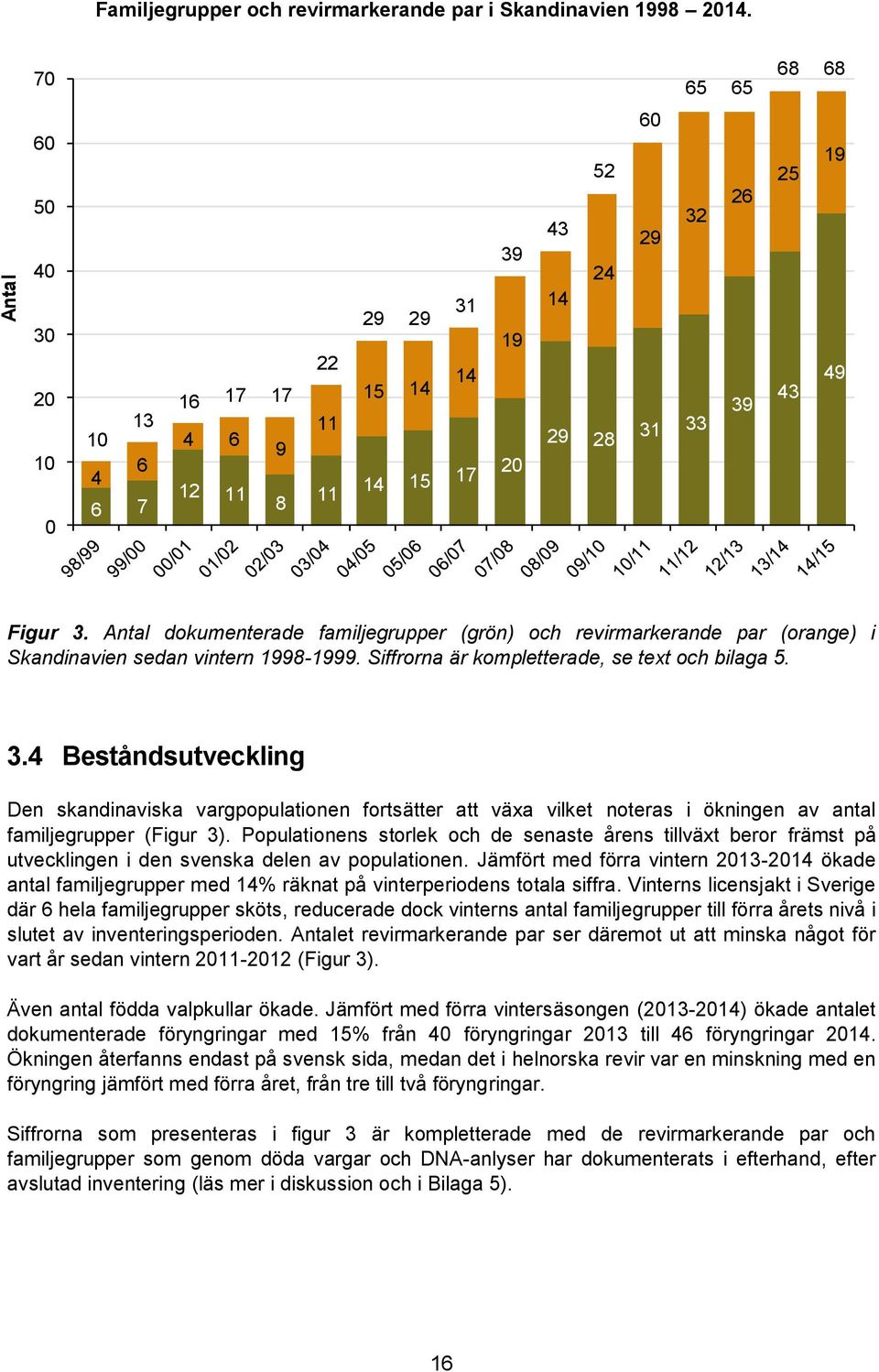 Antal dokumenterade familjegrupper (grön) och revirmarkerande par (orange) i Skandinavien sedan vintern 1998-1999. Siffrorna är kompletterade, se text och bilaga 5. 3.