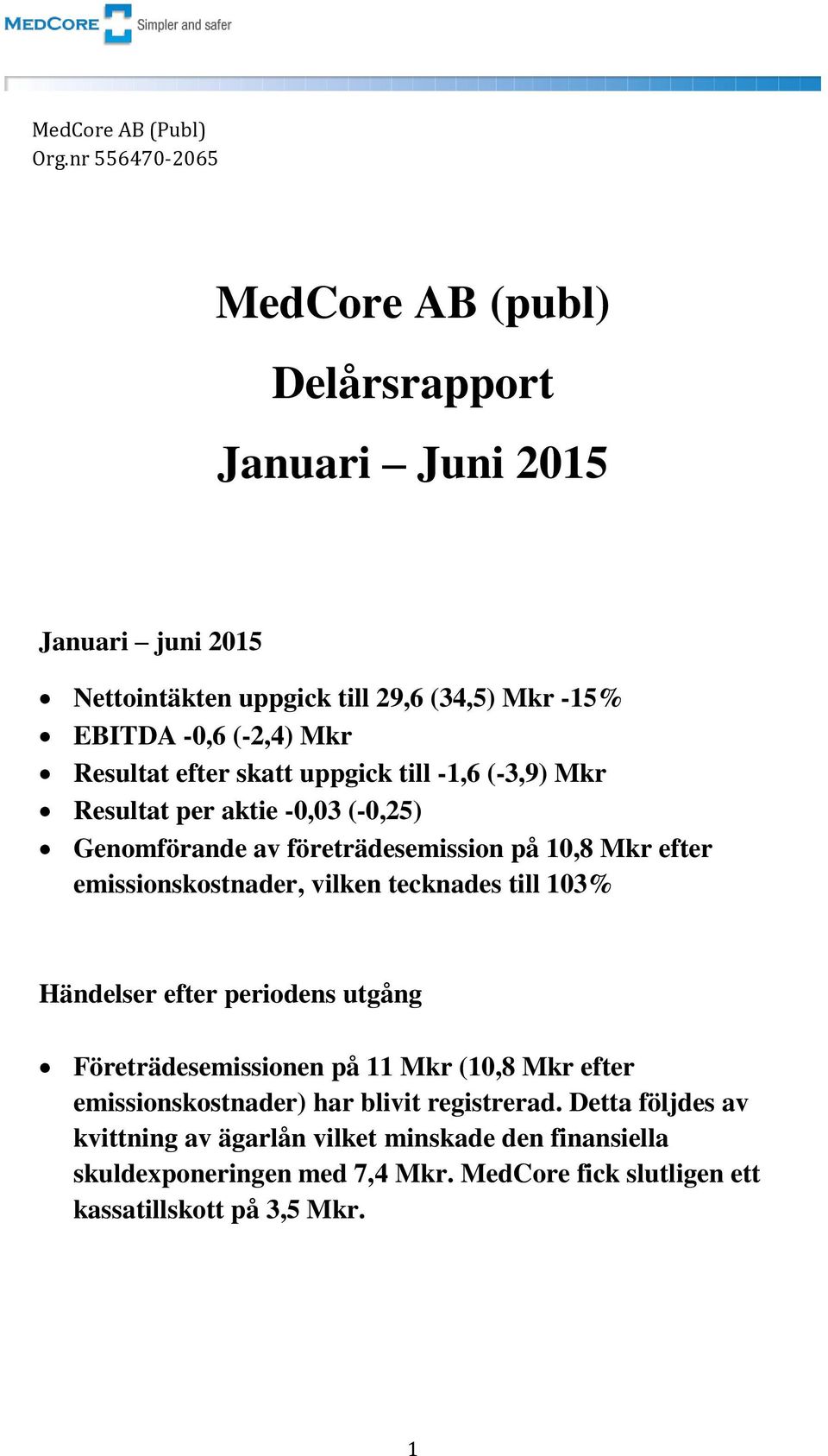 Resultat efter skatt uppgick till -1,6 (-3,9) Mkr Resultat per aktie -0,03 (-0,25) Genomförande av företrädesemission på 10,8 Mkr efter emissionskostnader,