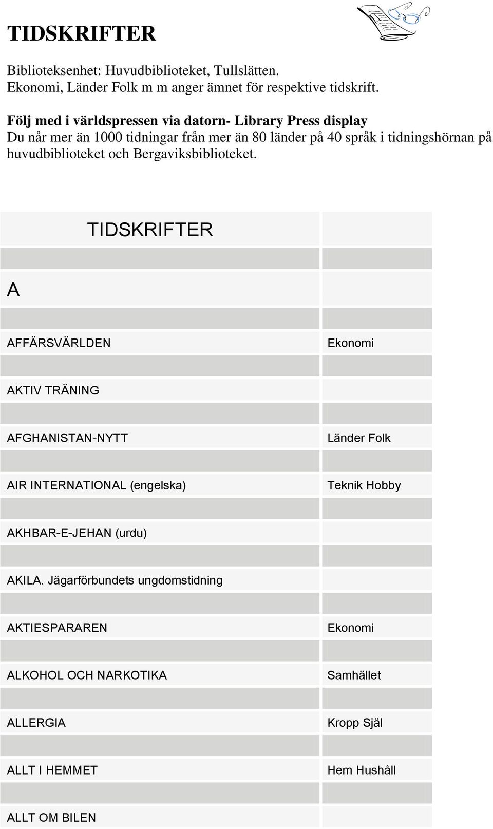 tidningshörnan på huvudbiblioteket och Bergaviksbiblioteket.