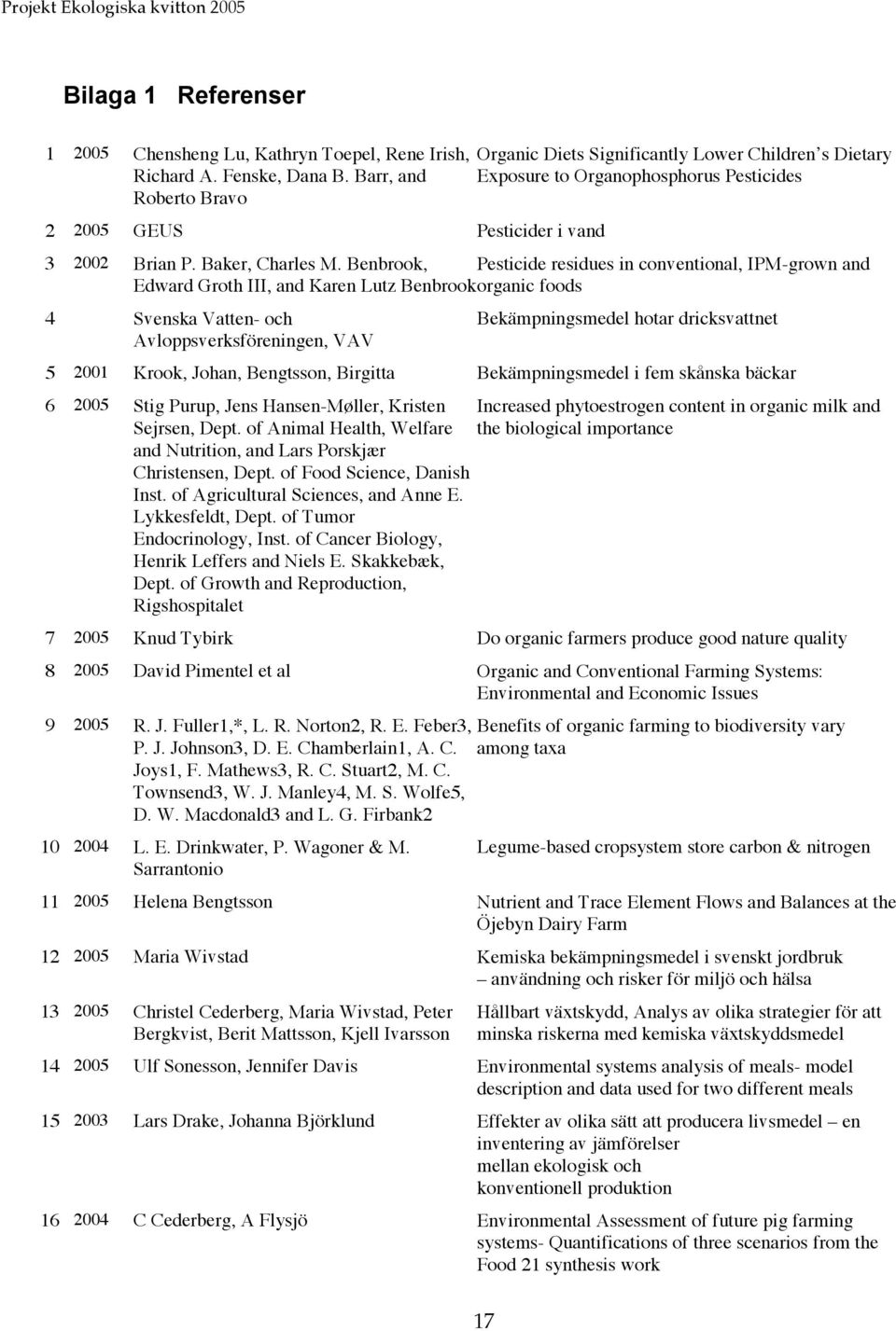 Benbrook, Pesticide residues in conventional, IPM-grown and Edward Groth III, and Karen Lutz Benbrook organic foods 4 Svenska Vatten- och Avloppsverksföreningen, VAV Bekämpningsmedel hotar