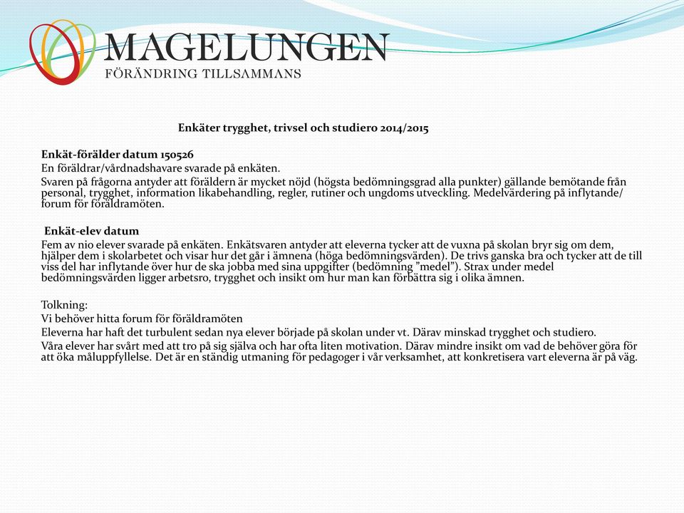 utveckling. Medelvärdering på inflytande/ forum för föräldramöten. Enkät-elev datum Fem av nio elever svarade på enkäten.