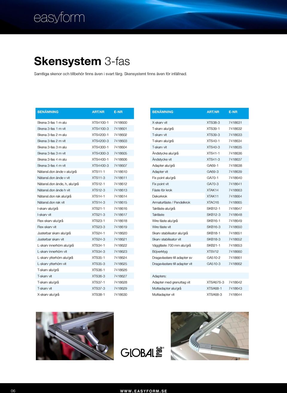 Skena 3-fas 3 m vit XTS4300-3 7418605 Skena 3-fas 4 m alu XTS4400-1 7418606 Skena 3-fas 4 m vit XTS4400-3 7418607 Nätansl.don ände v alu/grå XTS11-1 7418610 Nätansl.