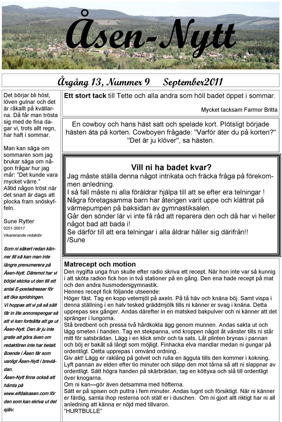 Sune Rytter 0251-30017 Vikarierande redaktör Som ni säkert redan känner till så kan man inte längre prenumerera på Åsen-Nytt.