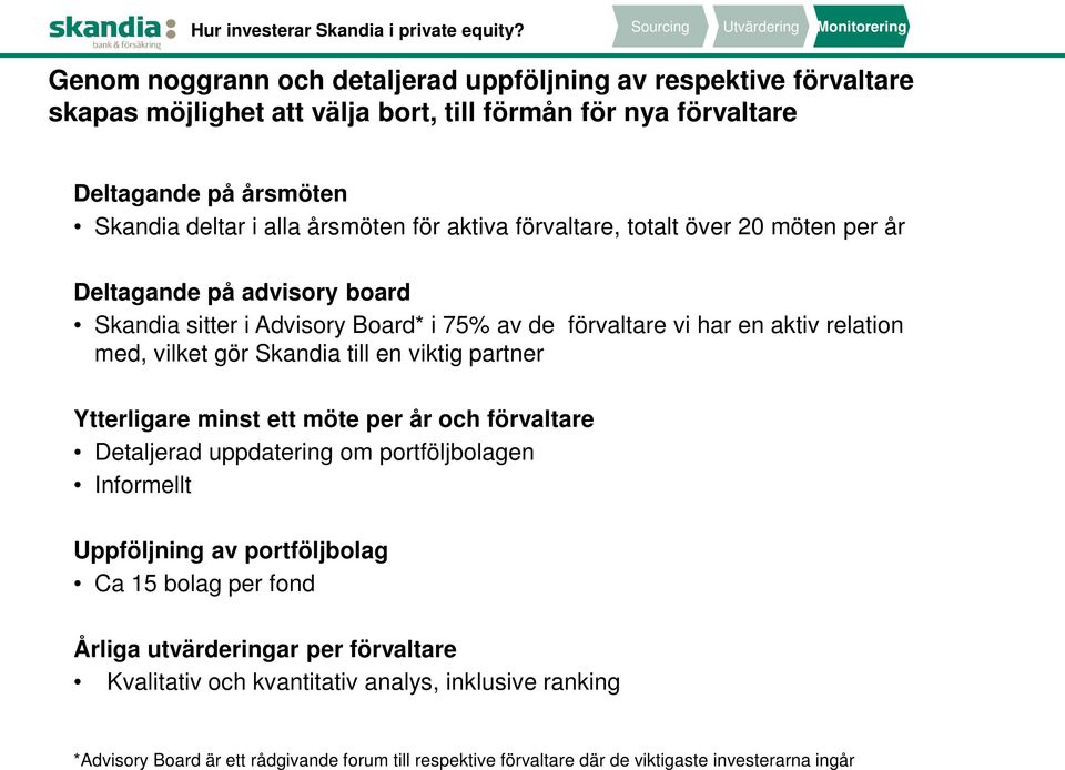 deltar i alla årsmöten för aktiva förvaltare, totalt över 20 möten per år Deltagande på advisory board Skandia sitter i Advisory Board* i 75% av de förvaltare vi har en aktiv relation med, vilket gör