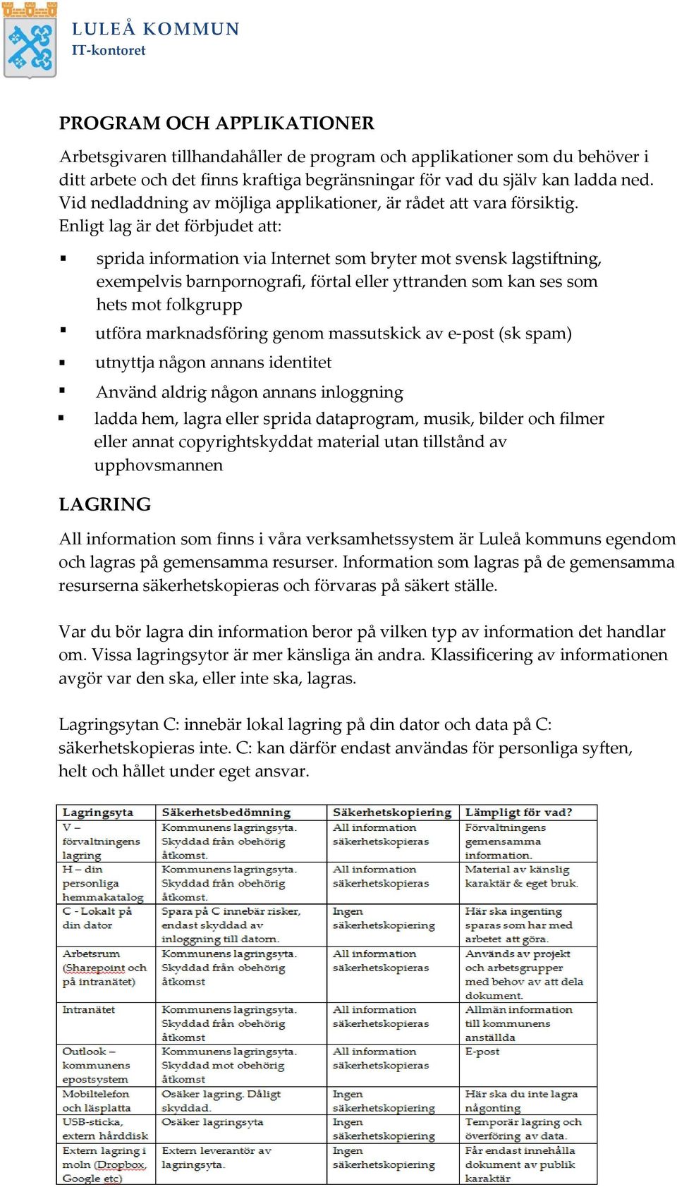 Enligt lag är det förbjudet att: sprida information via Internet som bryter mot svensk lagstiftning, exempelvis barnpornografi, förtal eller yttranden som kan ses som hets mot folkgrupp utföra